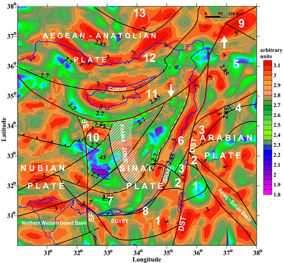 The figure shows the entropy transformation of the satellite derived gravity joined with tectonic analysis.